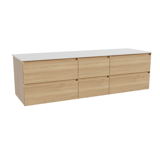 Balmani Mitra zwevend badmeubel 180 x 55 cm naturel eiken met Stretto enkel of dubbel wastafelblad in solid surface mat wit