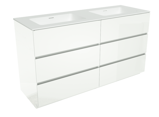 Storke Edge freistehendes Möbelstück Set: 150 x 52 cm, Weiß glänzend, mit Mata Doppelwaschtisch, Solid Surface Weiß matt