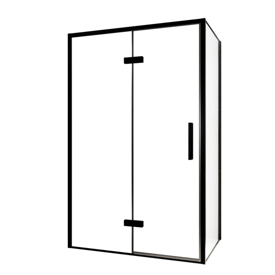 Balmani Senses Design douche en coin avec porte pivotante à gauche et paroi latérale fixe, 120 x 90 cm, Verre transparent, Profil noir, coating inclus, coating inclus