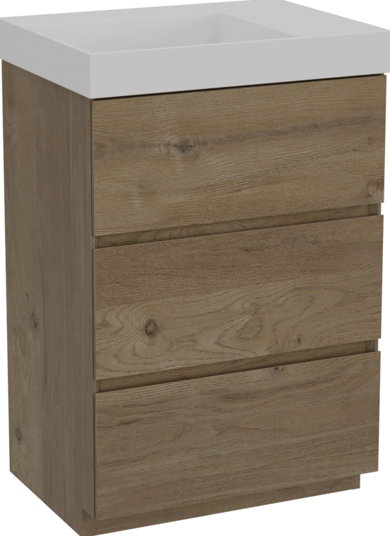 Storke Edge meuble salle de bains à poser 60 x 46 cm chêne brut avec Jura vasque asymétrique gauche en solid surface blanc mat