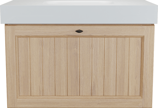 Balmani Lemon hängendes Möbelstück Set: 90 x 55 cm, Naturbelassene Eiche Furnier, mit Arcato Einzelwaschtisch, Weiß matt