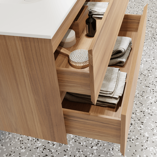 Balmani Mitra meuble salle de bains suspendu 180 x 55 cm teck avec Tablo Arcato double vasque en solid surface blanc mat