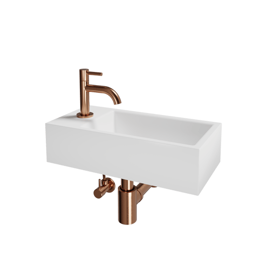 Luca Varess Cubic Handwaschbecken Set, Keramik weiß glänzend, 40,5 x 20 cm, Links, inklusive Rosegold Wasserhahn und Zubehör