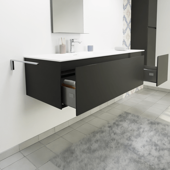 Storke Edge zwevend badmeubel 140 x 52 cm mat zwart met Mata asymmetrisch linkse wastafel in solid surface mat wit