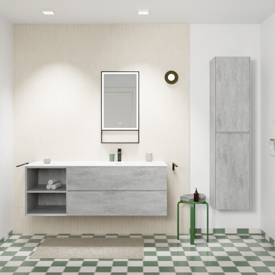 Storke Edge zwevend badmeubel 140 x 52 cm beton donkergrijs met Mata asymmetrisch rechtse wastafel in solid surface mat wit