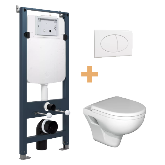 Linie Enzo wc suspendu blanc brillant rebord de chasse ouvert avec abattant de luxe et Linie Ilana bâti-support avec plaque de commande