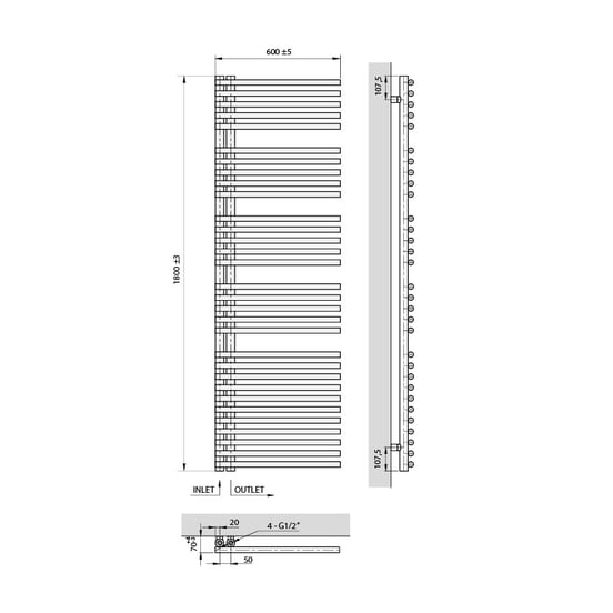 Vipera Nevada einzel Handtuchheizkörper 60 x 180 cm elektrische Heizung weiß glänzend Seitenanschluss 970W, inkl. Widerstand, nicht für Deutschland geeignet
