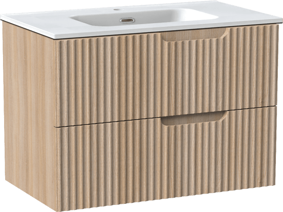 Linie Ribbo meuble salle de bains suspendu 80 x 46 cm chêne clair avec Baro plan simple en porcelaine blanc mat, Nervure circulaire symétrique verticale