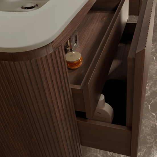 Balmani Moon zwevend badmeubel 160 x 55 cm amerikaans notenhout met Moon dubbele wastafel in top solid zijdegrijs, Verticale symmetrische rechte ribbel