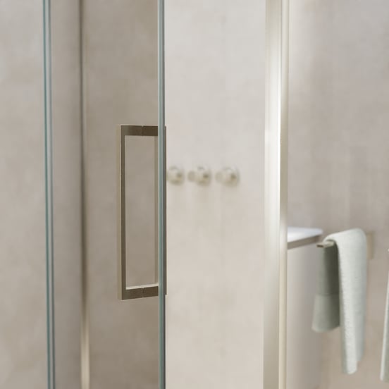 Balmani Senses Design douche en coin avec porte pivotante à gauche et paroi latérale fixe, 140 x 70 cm, Verre transparent, Profil Brushed CoolMetal, coating inclus