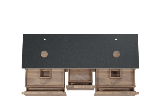 Balmani Forma zwevend badmeubel 180 x 55 cm amerikaans notenhout met Rock dubbel wastafelblad in zwart graniet, Horizontale symmetrische rechte ribbel