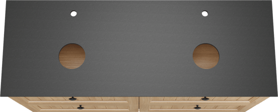 Balmani Lemon freistehendes Möbelstück Set: 150 x 55 cm, Naturbelassene Eiche Furnier, mit Facetta Doppel Waschtischplatte, Schwarzes Granit