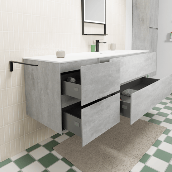 Storke Edge meuble salle de bains suspendu 150 x 52 cm béton gris foncé avec Mata plan vasque asymétrique à droite en solid surface blanc mat