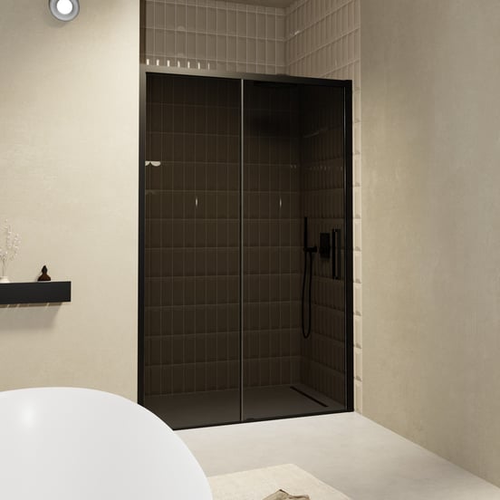 Balmani Senses Design douche schuifdeur omkeerbaar 160 cm x 210 cm Rookglas, Zwarte profielen