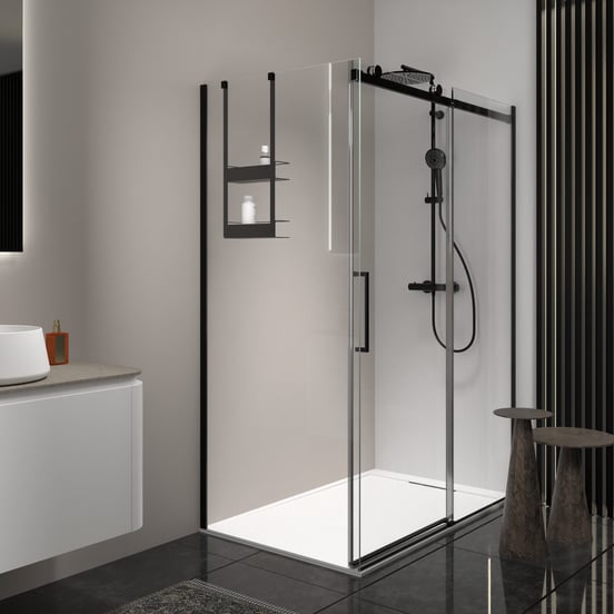 Luca Varess Boltano paroi de douche avec porte coulissante et paroi latérale fixe, 150 x 90 cm, verre transparent, profil noir