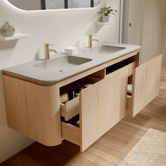 Balmani Moon zwevend badkamermeubel 160 x 55 cm natuur eik met Moon dubbele wastafel in top solid zijdegrijs