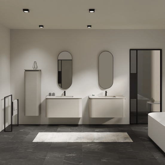 Balmani Moon hängendes Möbelstück Set: 100 x 55 cm, Seidengrau, mit Moon Einzelwaschtisch, Top Solid Seidengrau