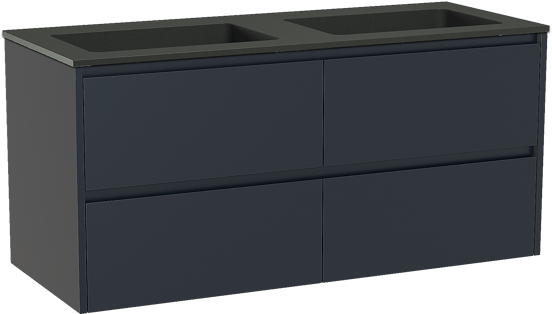 Storke Seda zwevend badmeubel 130 x 52 cm nachtblauw met Scuro dubbele wastafel in kwarts mat zwart