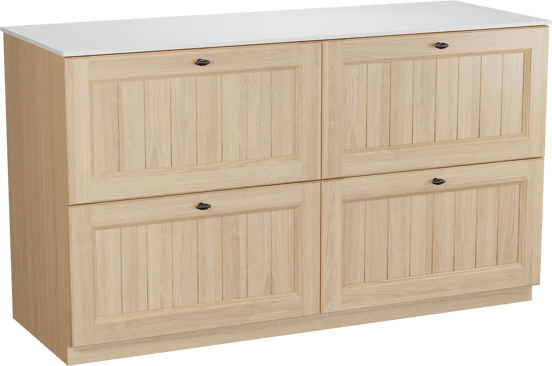 Balmani Lemon freistehendes Möbelstück Set: 150 x 55 cm, Naturbelassene Eiche Furnier, mit Stretto Einzel- oder Doppel Waschtischplatte, Weiß matt