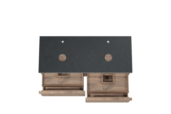 Balmani Forma meuble salle de bains suspendu 135 x 55 cm noyer américain avec Rock tablette double en granit noir, Nervure gauche symétrique horizontale