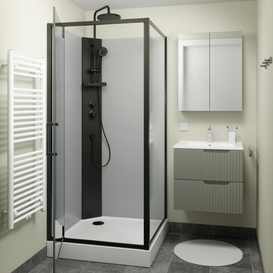Linie Salta cabine de douche avec portes pivotantes 90 x 90 cm verre transparent profil noir avec robinet