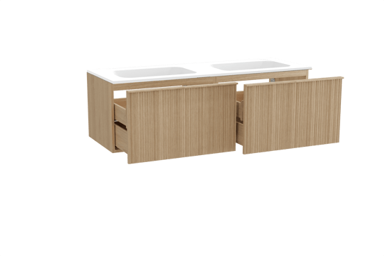 Balmani Forma hängendes Möbelstück Set: 150 x 55 cm, Naturbelassene Eiche, mit Tablo Strada Doppelwaschtisch, Marmorkomposit, Weiß matt, Vertikale asymmetrische Runde Rippe