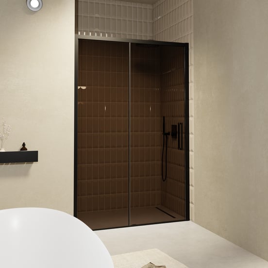 Balmani Senses Design Dusche Schiebetür, umkehrbar, 160 cm x 210 cm, Bronze Glas, Profil Schwarz