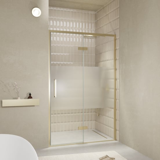 Balmani Senses Design douche draaideur rechts 140 cm x 210 cm Helder glas met matte strook, Brushed Champagne Gold profielen