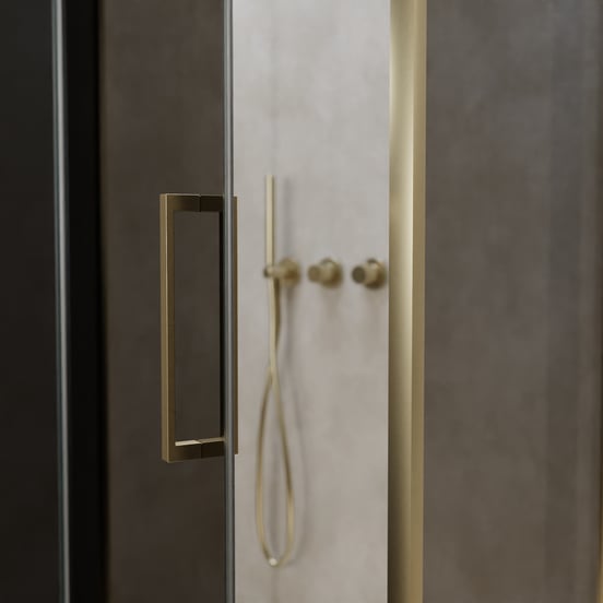 Balmani Senses Design douche d'angle avec porte pivotante à gauche et paroi latérale fixe, 100 x 100 cm, Verre fumé, Profil Brushed Champagne Gold