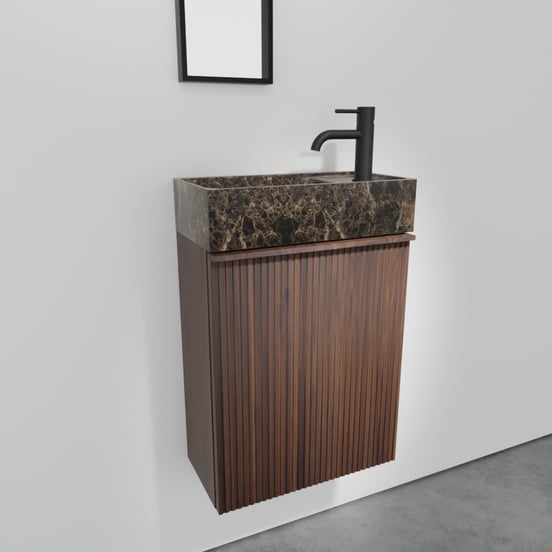 Balmani Forma meuble wc suspendu 42 x 21 cm noyer américain avec Dama lavabo en marbre Dark Emperador
