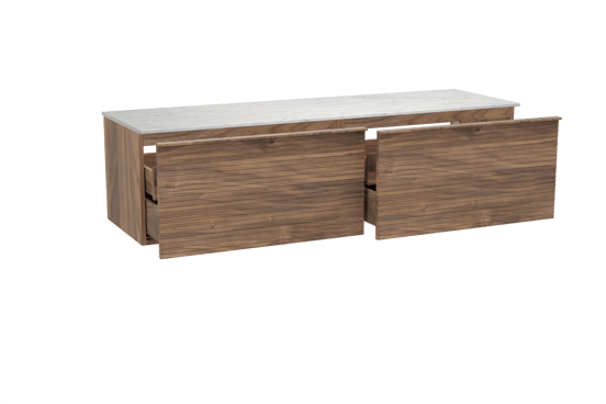 Balmani Forma meuble salle de bains suspendu 180 x 55 cm noyer américain avec Stretto tablette simple ou double en marbre carrare, Nervure droite symétrique horizontale