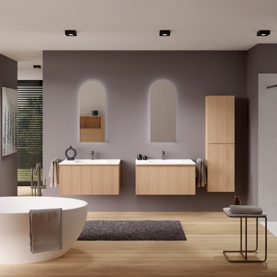 Balmani Forma zwevend badmeubel 90 x 55 cm naturel eiken met Tablo Arcato enkele wastafel in solid surface mat wit, Verticale asymmetrische ronde ribbel