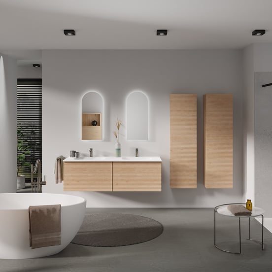 Balmani Forma meuble salle de bains suspendu 150 x 55 cm chêne naturel avec Tablo Arcato double vasque en solid surface blanc mat, Nervure droite symétrique horizontale