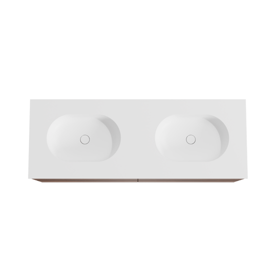 Balmani Mitra zwevend badmeubel 150 x 55 cm notenhout met Tablo Oval dubbele wastafel in solid surface mat wit