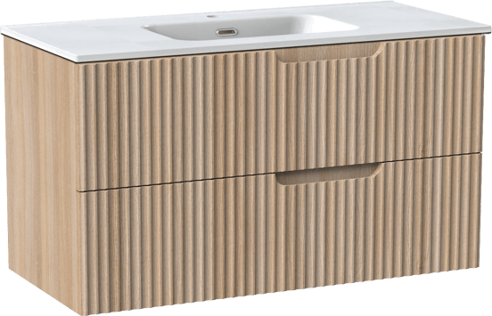 Linie Ribbo meuble salle de bains suspendu 100 x 46 cm chêne clair avec Baro plan simple en porcelaine blanc brillant, Nervure circulaire symétrique verticale