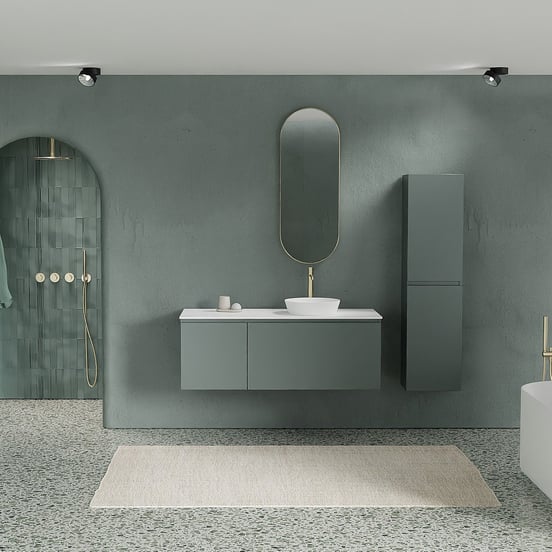 Balmani Sfera zwevend badmeubel 135 x 55 cm forest met Stretto enkel of dubbel wastafelblad in solid surface mat wit