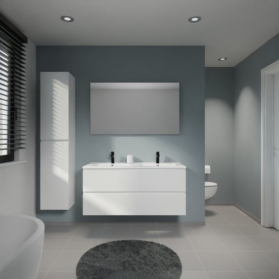 Linie Lado meuble salle de bains suspendu 120 x 46 cm blanc mat avec Vano double vasque en marbre composite blanc mat