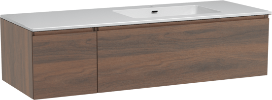 Storke Edge zwevend badmeubel 140 x 52 cm notenhout met Diva asymmetrisch rechtse wastafel in composietmarmer hoogglans wit