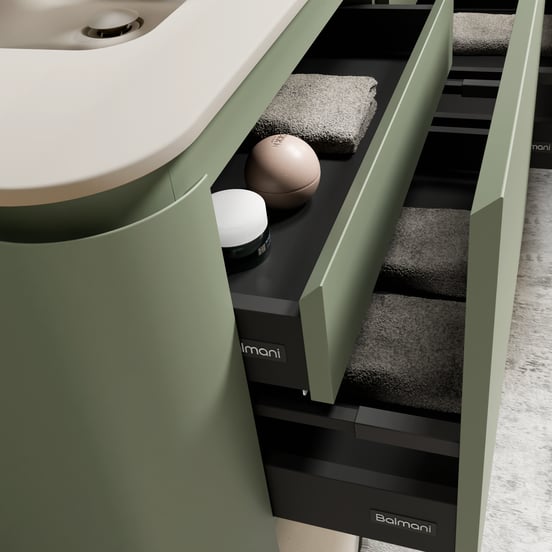 Balmani Moon zwevend badkamermeubel 160 x 55 cm saliegroen met Moon dubbele wastafel in top solid zijdegrijs