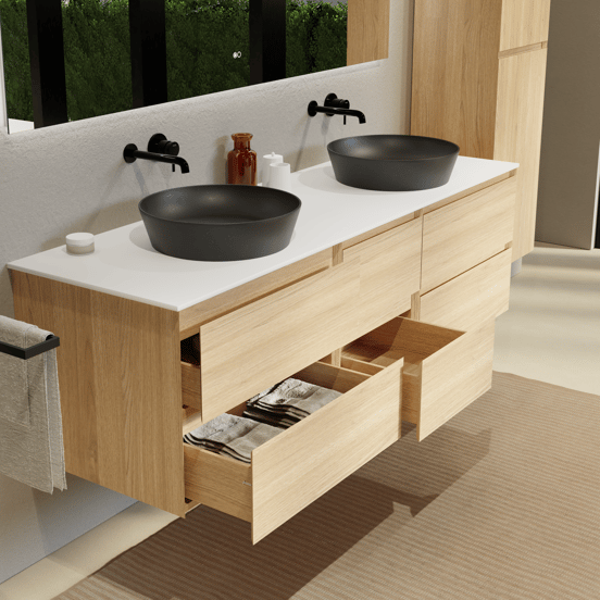 Balmani Mitra zwevend badmeubel 180 x 55 cm naturel eiken met Stretto enkel of dubbel wastafelblad in solid surface mat wit