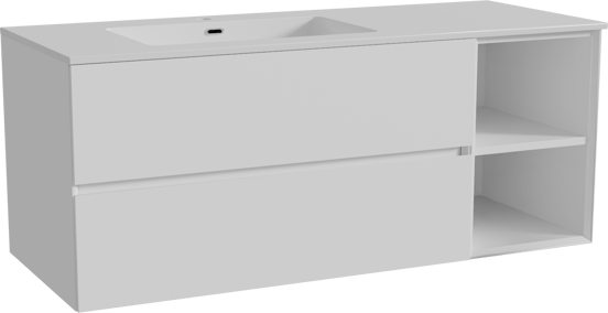 Storke Edge hängendes Möbelstück Set: 130 x 52 cm, Weiß matt, mit Diva Waschtisch links, Marmorkomposit Weiß glänzend