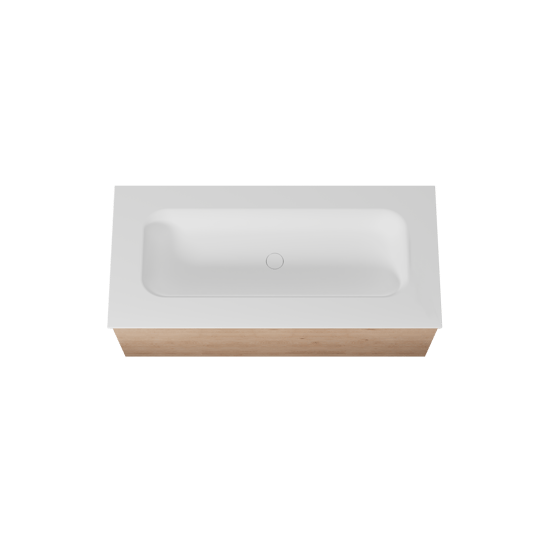 Balmani Forma zwevend badmeubel 120 x 55 cm naturel eiken met Tablo Arcato enkele wastafel voor 2 kraangaten in solid surface mat wit, Horizontale symmetrische rechte ribbel