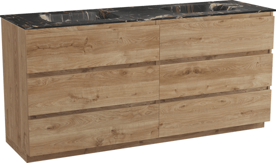 Balmani Lucida staand badmeubel 180 x 55 cm ruw eiken met Tablo Arcato dubbele wastafel in marmer portoro gold