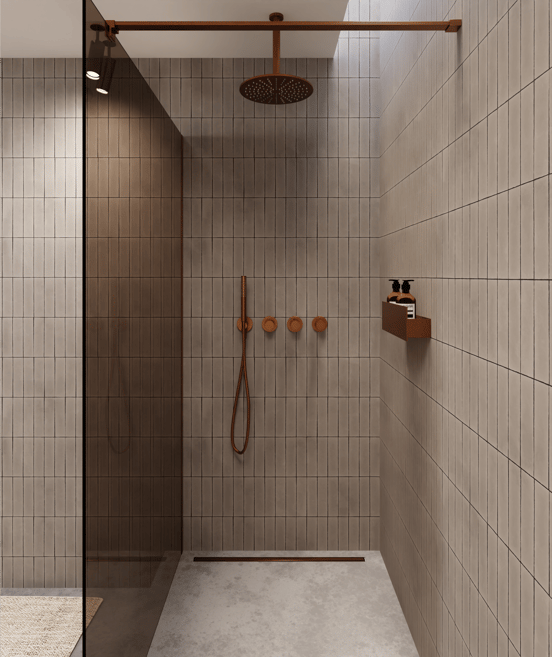 Balmani Modular Walk-In Dusche: 160 x 200 cm, Bronzeglas, Roségold Profil, gebürstet