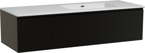 Storke Edge hängendes Möbelstück Set: 140 x 52 cm, Schwarz matt, mit Diva Waschtisch rechts, Marmorkomposit Weiß glänzend