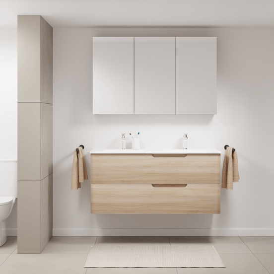 Linie Curvo meuble salle de bains suspendu 120 x 46 cm chêne clair avec Baro Curvo double vasque en porcelaine blanc brillant