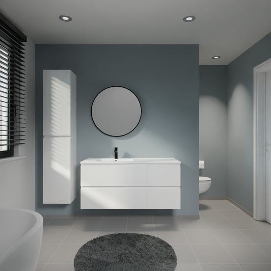 Linie Lado meuble salle de bains suspendu 120 x 46 cm blanc mat avec Vano plan vasque asymétrique à gauche en marbre composite blanc mat