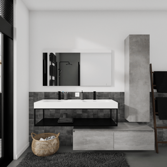 Storke Edge Modulo hängender Waschbeckenunterschrank: 130 x 48 cm, Beton dunkelgrau, 2 Schubladen