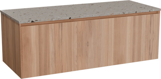 Balmani Idra hängendes Möbelstück Set: 135 x 55 cm, Teak, mit Stretto Einzel- oder Doppel Waschtischplatte, Terrazzo in Greige