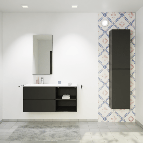 Storke Edge zwevend badmeubel 110 x 52 cm mat zwart met Mata asymmetrisch linkse wastafel in solid surface mat wit